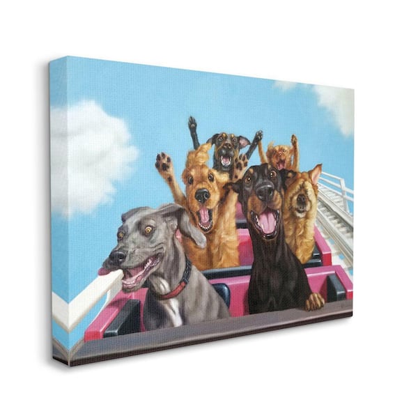 Dogs Riding Roller Coaster Funny Amusement Park by Lucia Heffernan  Unframed Animal Canvas Wall Art Print 24 in x 30 in