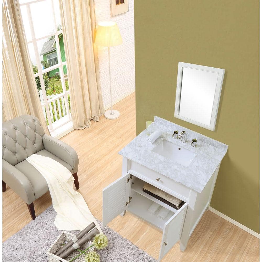 White Vanity with Carrara Marble Top and Shuttered Cupboard