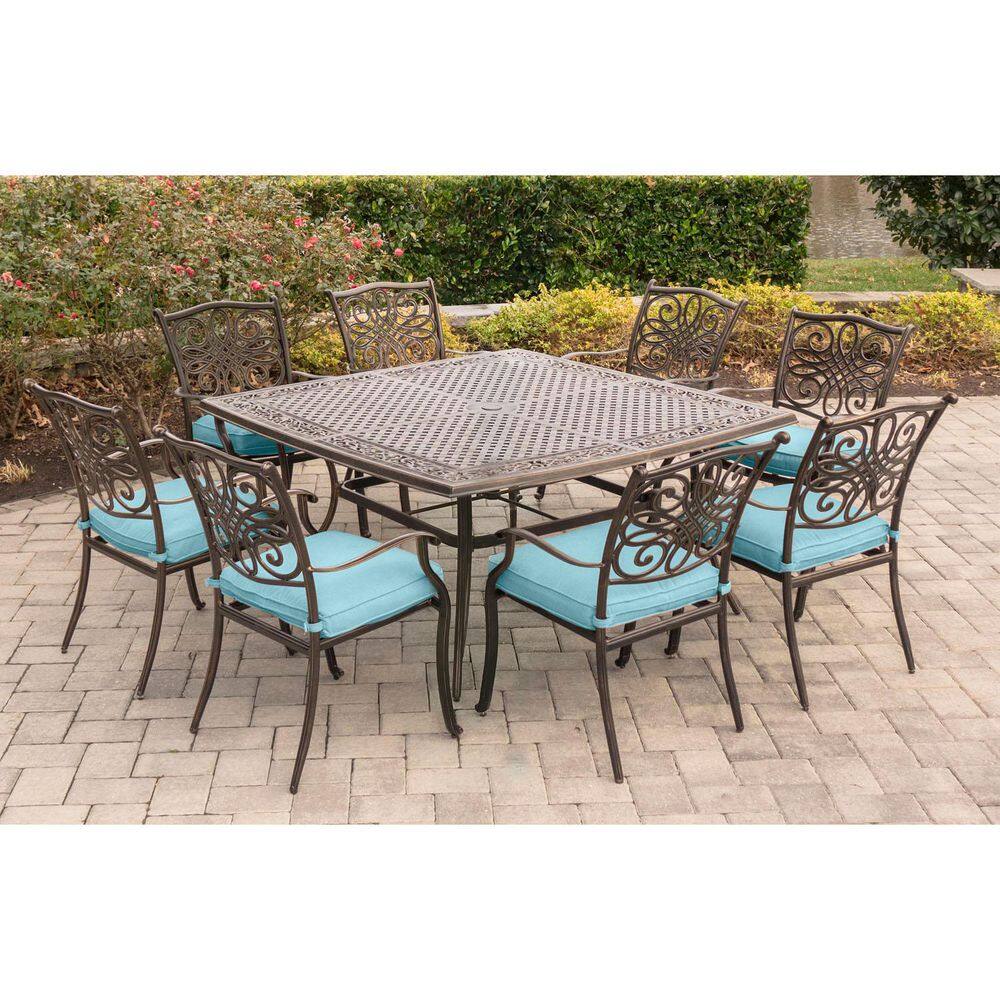 Hanover Traditions 9-Piece Blue Cushion Aluminum Outdoor Dining Set