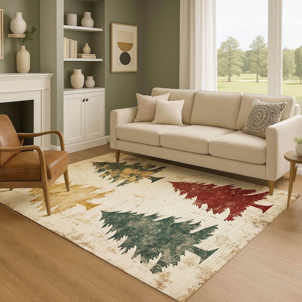Mayfield Premium Machine Washable Abstract AMF1811 Ivory 5 ft. x 7 ft. 6 in. Area Rug