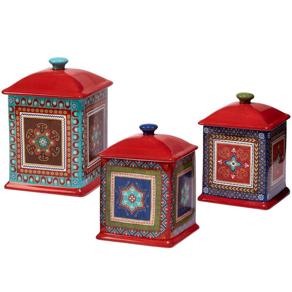 Red Ceramic Medallion Canister Set, 3-Piece