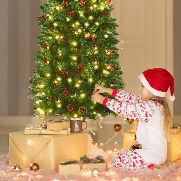 4.5 ft. Pre-Lit Pencil Christmas Tree Hinged Artificial Slim Tree with LED Lights