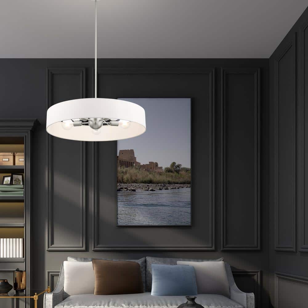 Elegant Brushed Nickel 5-Light Drum Pendant with Crystal Accents and Off-White Shade