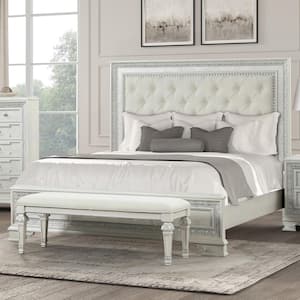 Nab Traditional Creamy White Wood Frame King Panel Bed with Tufted Headboard