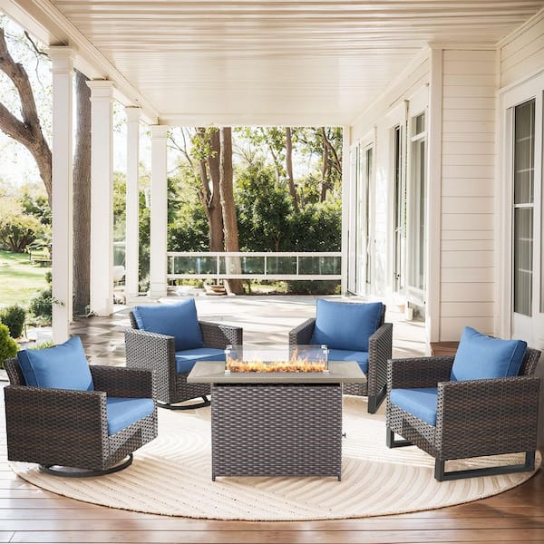 U-Frame 5-Piece Brown Wicker Fire Pit Conversation Set with Olefin Blue Cushions and Rectangle Fire Pit Table
