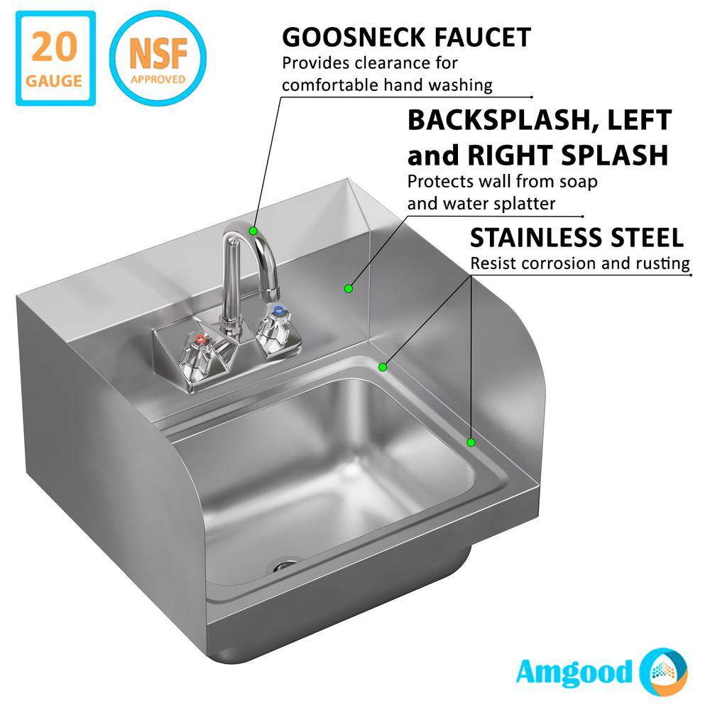 17in Stainless Steel Wall Mounted Hand Sink with Gooseneck Faucet