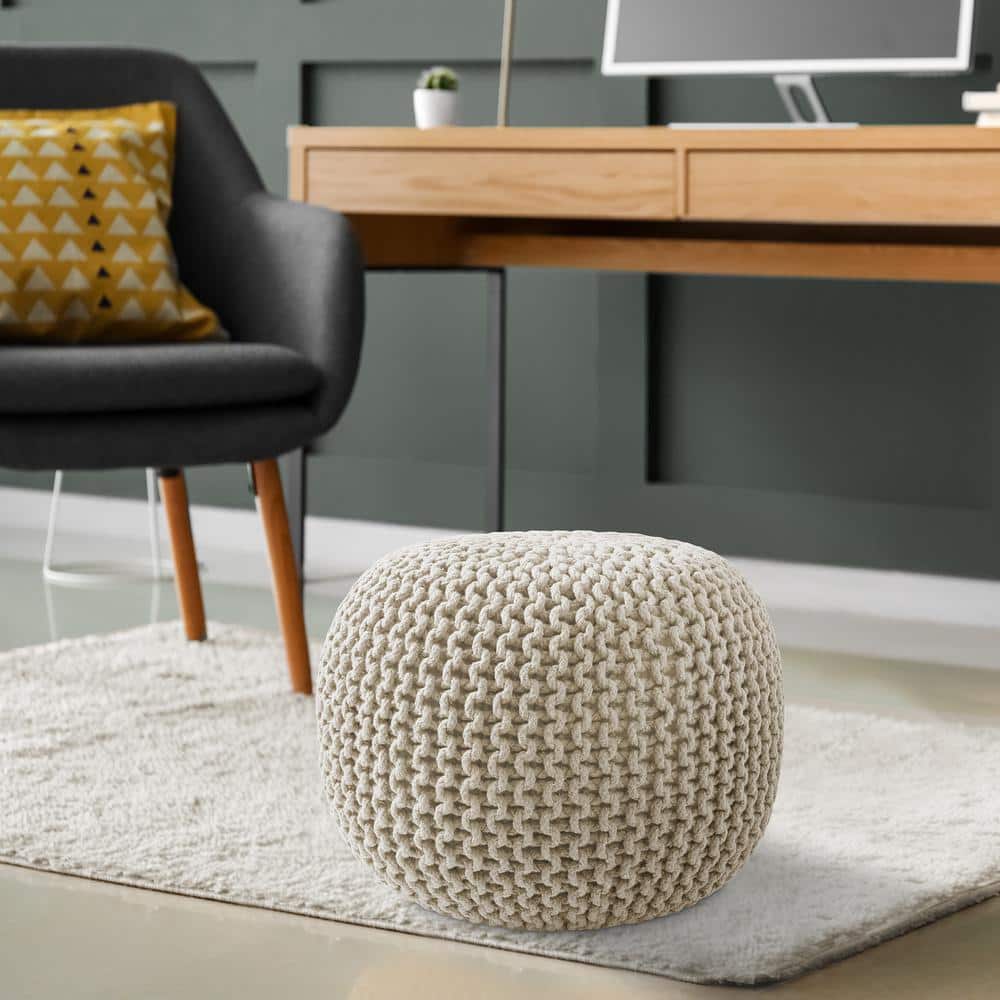 Natural Cotton Knit Round Pouf Ottoman, 20" x 14.5"