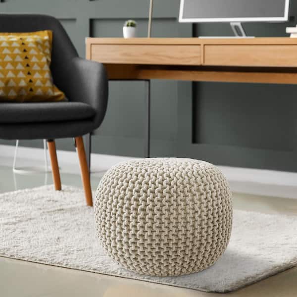 Casafield Natural Knit Cotton Round 20 in. x 20 in. x 14.5 in. Pouf Foot Stool