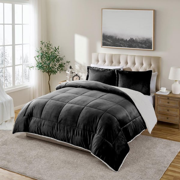 swift home Premium Cold Weather 2-Piece Black Reversible Polyester Micromink and Sherpa Twin Comforter Set