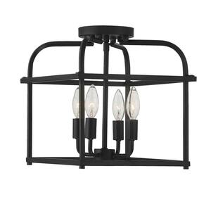 12 in. W x 12.5 in. H 4-Light Matte Black Semi- Flush Mount Ceiling Light with Metal Cage Frame