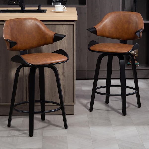 Bevelyn Vintage Brown Faux Leather Swivel Counter Stool with Black Wood Legs (Set of 2)