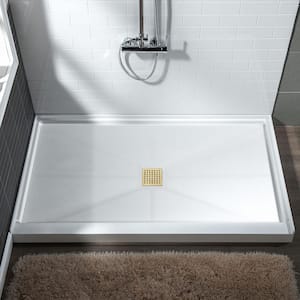 Krasik 48 in. L x 32 in. W Alcove Solid Surface Shower Pan Base with Center Drain in White with Brushed Gold Cover