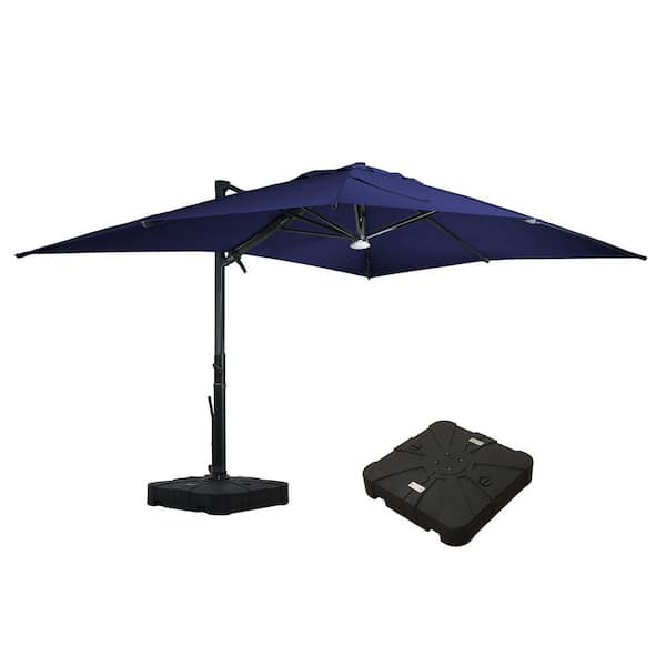 Mondawe 10 ft. x 13 ft. Aluminum Cantilever Outdoor Tilt Patio Umbrella in Navy Blue with Bluetooth LED Light, Base Weight Stand