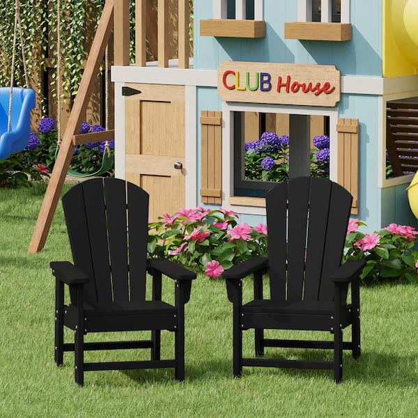 Children's Laguna Set-2 Outdoor Patio All Weather Fade Resistant Kids Poly Plastic Adirondack Chairs in Black