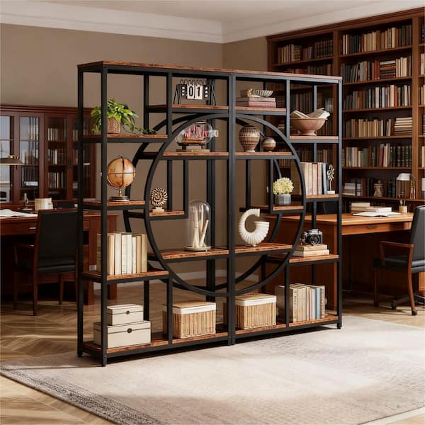 Eulas 68.89 in. Tall Brown and Black Wood 9-Shelf Bookcase Bookshelf with Storage Shelves for Home Office, Living Room