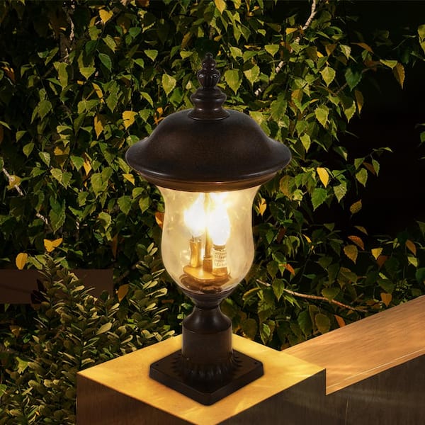 Antique 21 in. 2-Light Royal Brown Outdoor Weather Resistant Aluminum Pier/Post Light with No Bulb Included