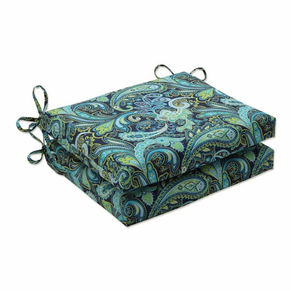 Pillow Perfect Paisley 18.5 in. x 16 in. 2-Piece Outdoor Dining Chair Cushion in Blue/Green Pretty