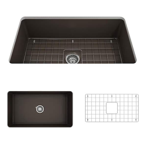 BOCCHI Sotto Undermount Fireclay 32 in. Single Bowl Kitchen Sink with Bottom Grid and Strainer in Matte Brown