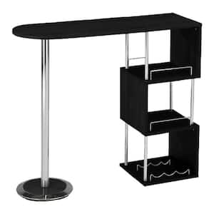 SignatureHome Minorca Black Top Wood & Metal Bar Table With Wine Rack & Open Storage Shelves Size: 16W x 47L x 55H