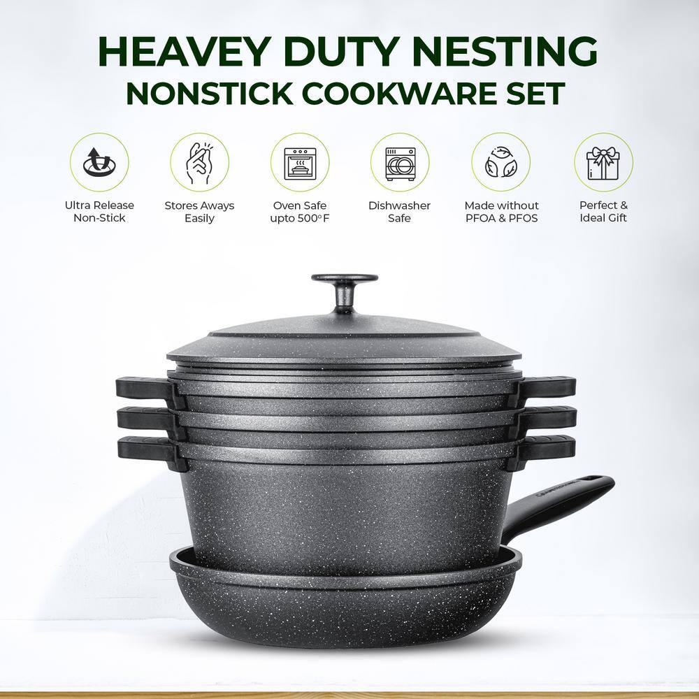 6-Piece Heavy Duty Nonstick Cast Aluminum Nesting Cookware Set