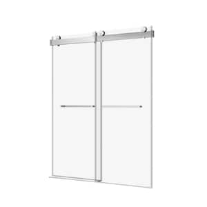 60 in. W x 76 in. H Double Sliding Frameless Shower Door in Brushed Nickel with Soft-closing and 3/8 in. Tampered Glass