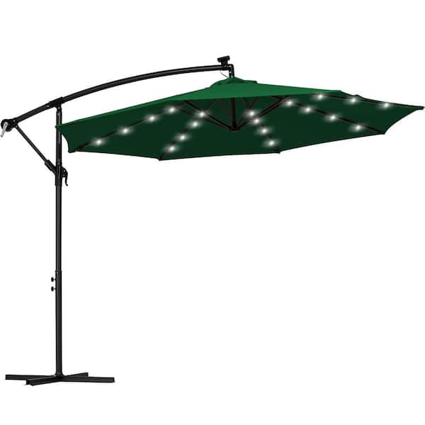 JEAREY 10 ft. Steel Solar Lighted Cantilever Patio Umbrellas with Sandbag Weighted Base in Green