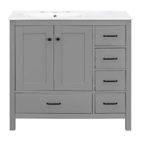 36 in. Freestanding Gray Bath Vanity with White Ceramic Top 2 Soft-Close Doors and 5 Drawers