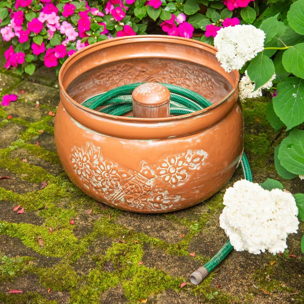 Copper and Green Patina Embossed Bird Hose Holder with Lid