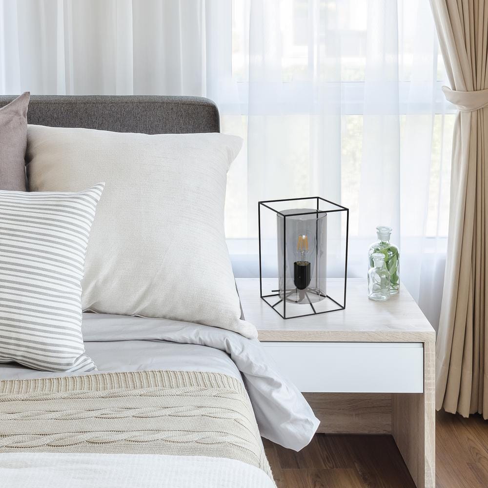 Sleek Edison-Inspired Black Metal and Smokey Glass Table Lamp