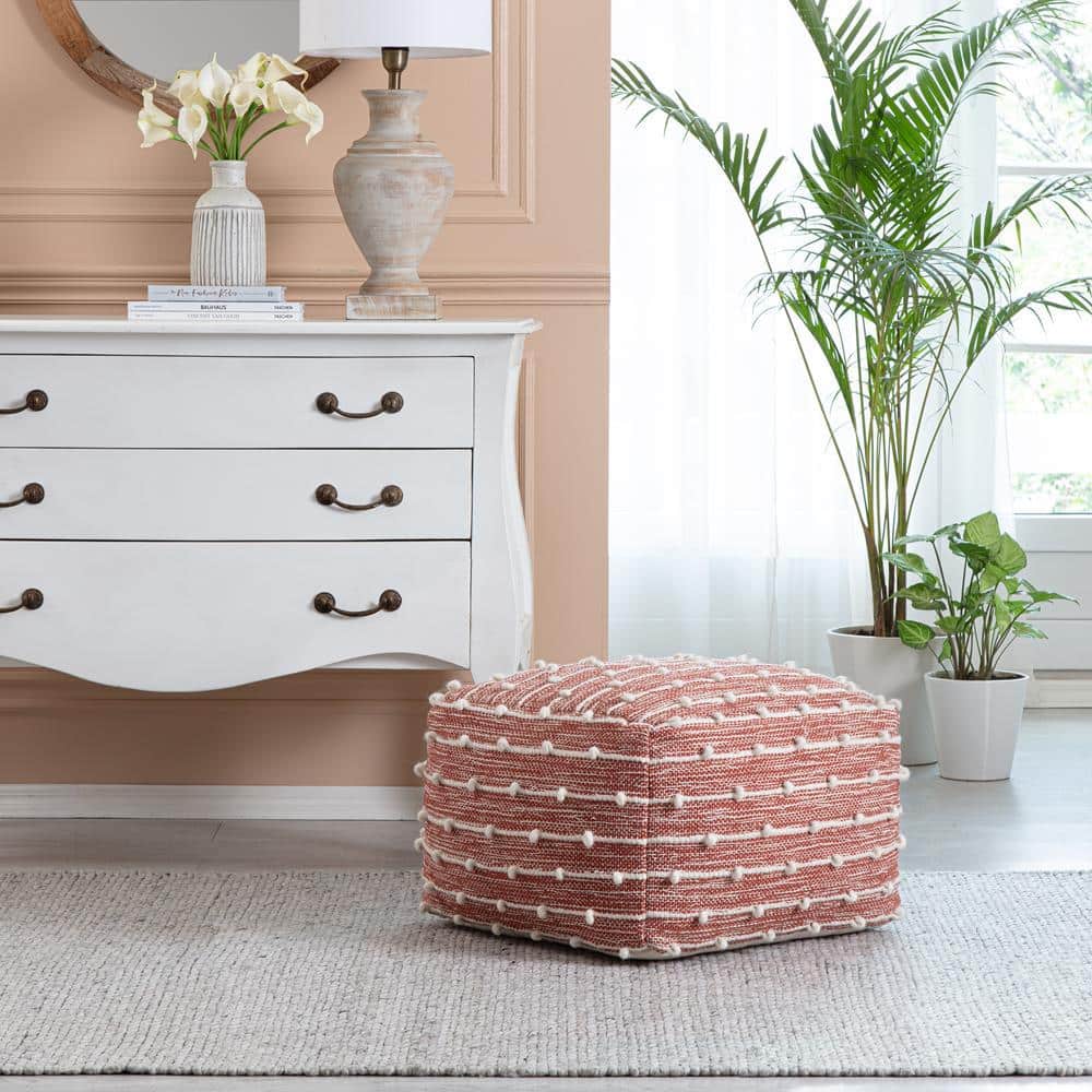 Penelope Handcrafted Cotton-Polyester Red/Ivory Pouf Ottoman