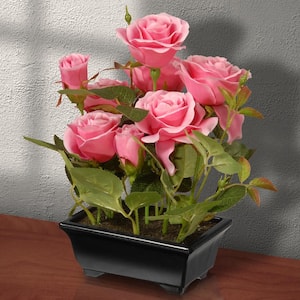 10 in. Artificial Potted Pink Rose Flowers