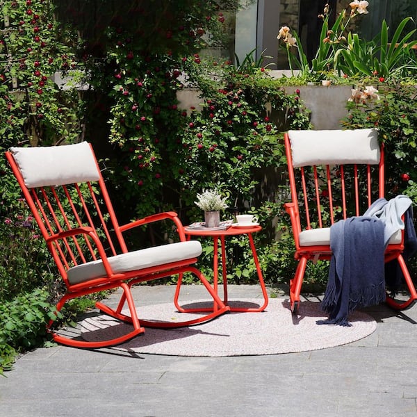 3-Piece Metal Outdoor Bistro Chair Set, Patio Rocking Chairs with Gray Cushions and 18 in. Round Side Table, Red