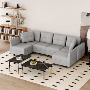 103.5 in.W U-Shaped Sofa Square Arm Fabric Modern Storable 6-Seat(Gray)