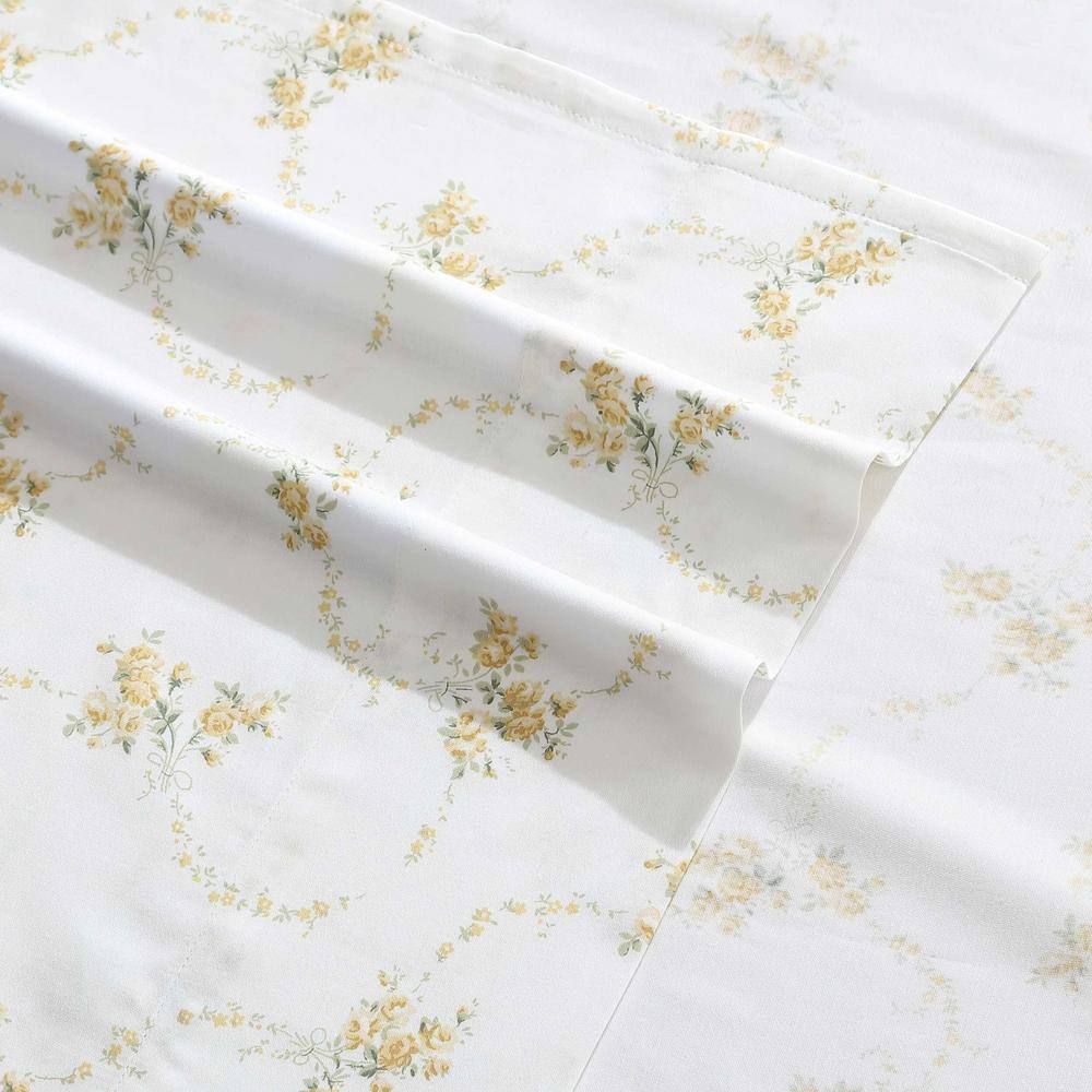 King Size White Cotton Floral Sateen Sheet Set