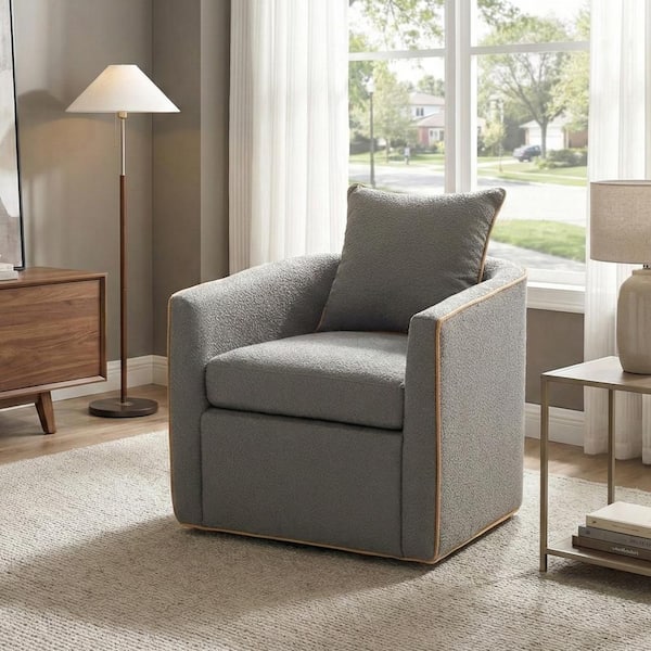 Light Gray Boucle Upholstered Swivel Club Chair with Elegant Curved Armrest