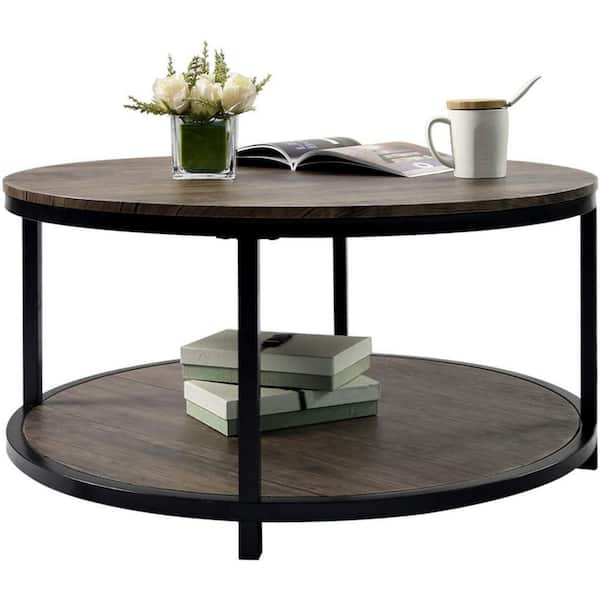 ULSMVOC SMT 38 .5 in. Gray-Brown Rustic Retro Industrial Design Round Wooden Coffee Table with Open-Shelves-Storage Space