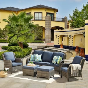 Adelina Gray 5-Piece Wicker Outdoor Patio Conversation Seating Set with Denim Blue Cushions