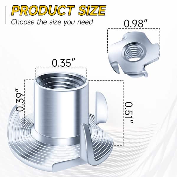 3/8 in.-16 Zinc Plated T-Nuts (50-Pack) for Bolts, Caster Wheels, and Furniture-4-Jaw Tee Nuts, Steel Assortment