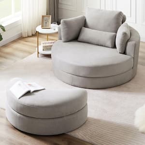 Linen Fabric Gray Swivel Accent Barrel Big Round Lounge Sofa Chair with Storage Ottoman and Pillows