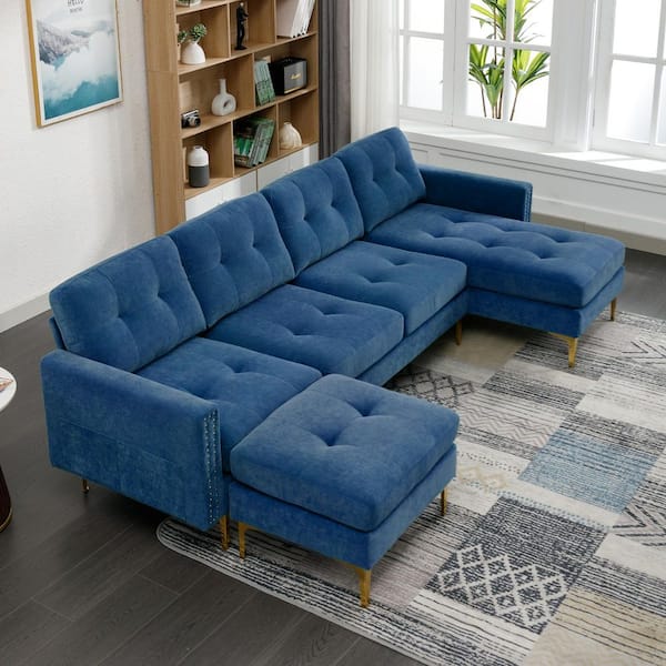 110.6 in. Square Arm Velvet L-Shaped Sofa in Blue with Movable Ottoman