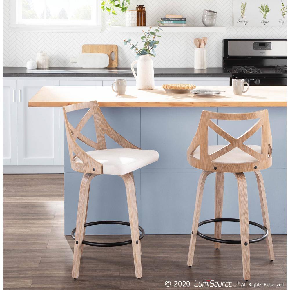 Charlotte Beige Swivel Wood and Metal Counter Stools, Set of 2