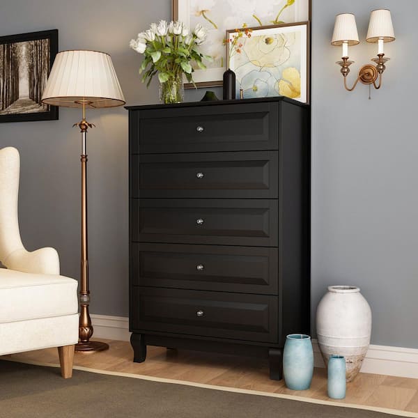 5-Drawer Black Wood Kids Dresser Nursery Dresser 47.2 in H x 31.5 in. W x 15.7 in. D