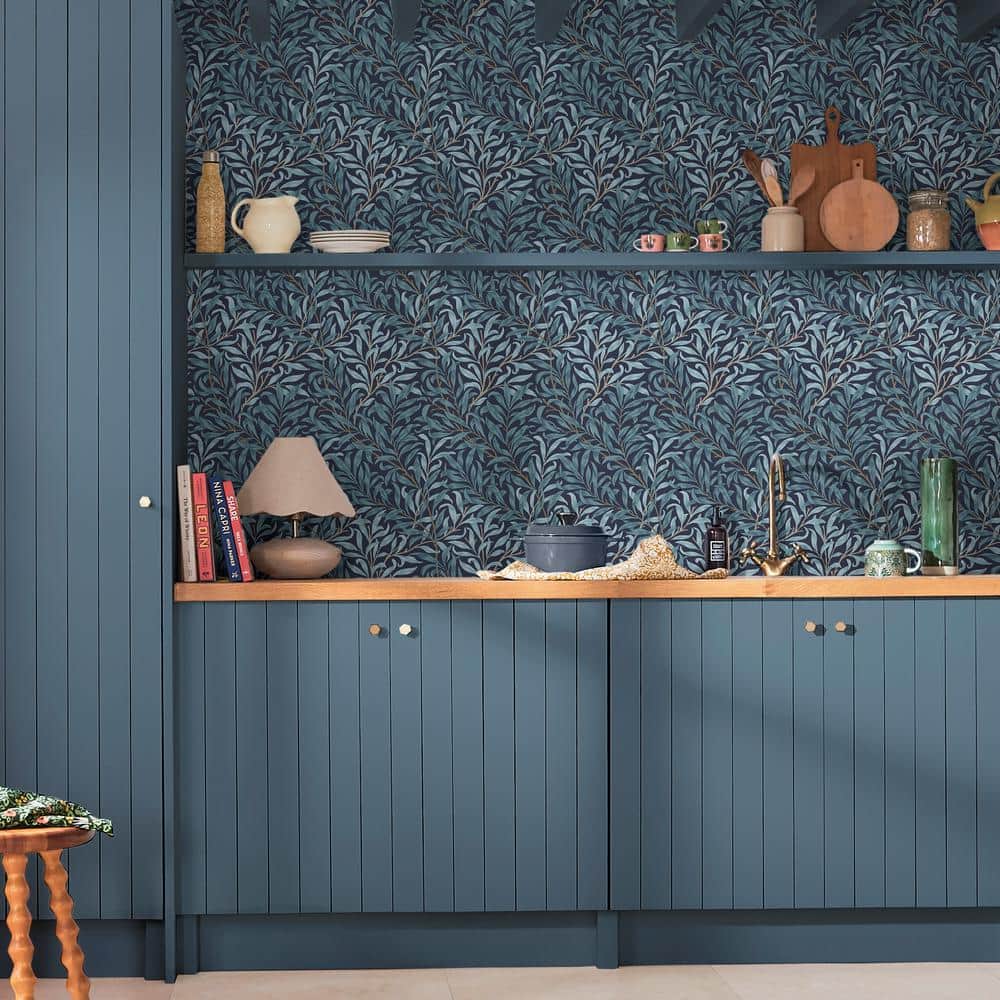 Deep Blue Willow Bough Floral Vinyl Wallpaper