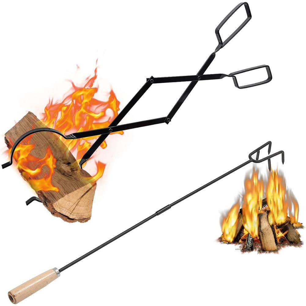 Outdoor Steel Fire Pit Poker and Log Grabber Tongs Firepit Tools Set ...