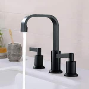 Modern 8 in. Widespread Double Handle 360-Degree Swivel Spout Bathroom Faucet with Drain Kit Included in Matte Black