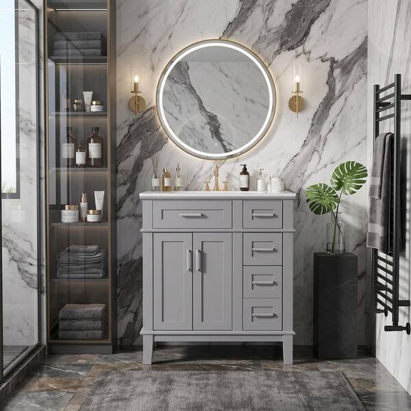 LuckByte 30 in. Gray Wood Rectangle Vessel Sink Bathroom Vanity