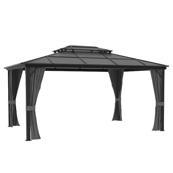 VEIKOUS 20 ft. x 12 ft. Aluminum Gazebo Polycarbonate Double Top Roof with Gray Curtains and Netting
