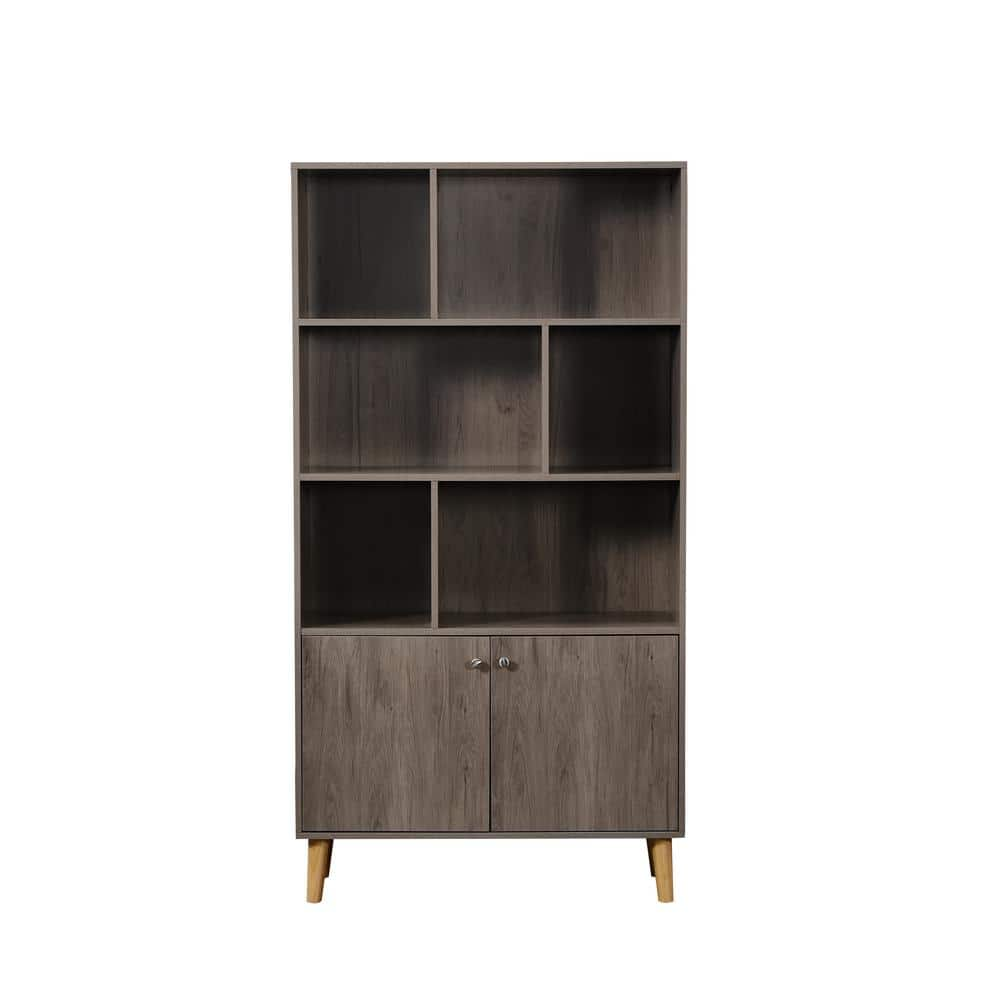 Tidoin Modern 67.32 in. Brown Wood 3-Shelf Standard Bookcase with 2 ...