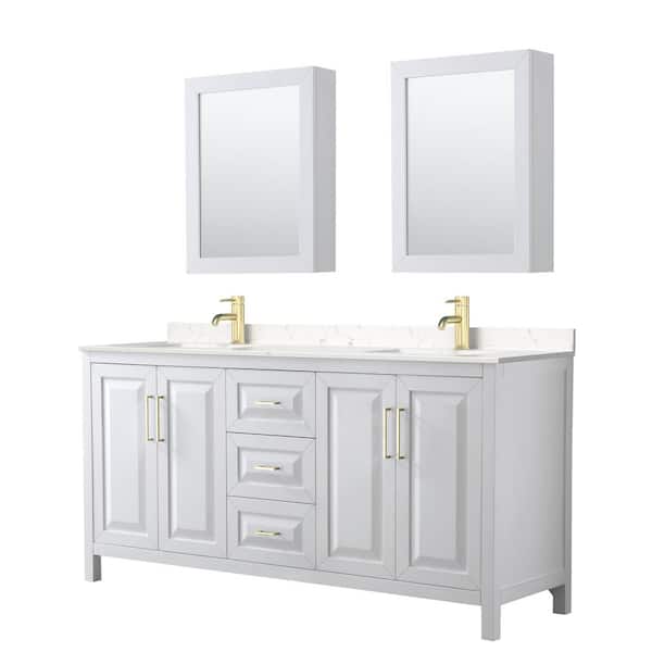 Wyndham Collection Daria 72 in. W x 22 in. D x 35.75 in. H Double Sink Bath Vanity in White with Carrara Cult. Marble Top and MC Mirrors