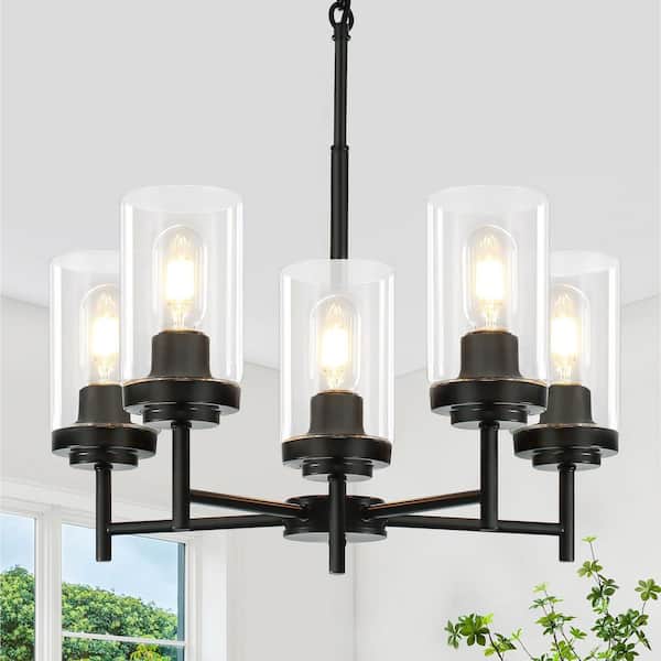 ZSMIHDOH 5-Light Modern Farmhouse Black Chandelier with Clear Glass Shade for Kitchen Island Dining Room